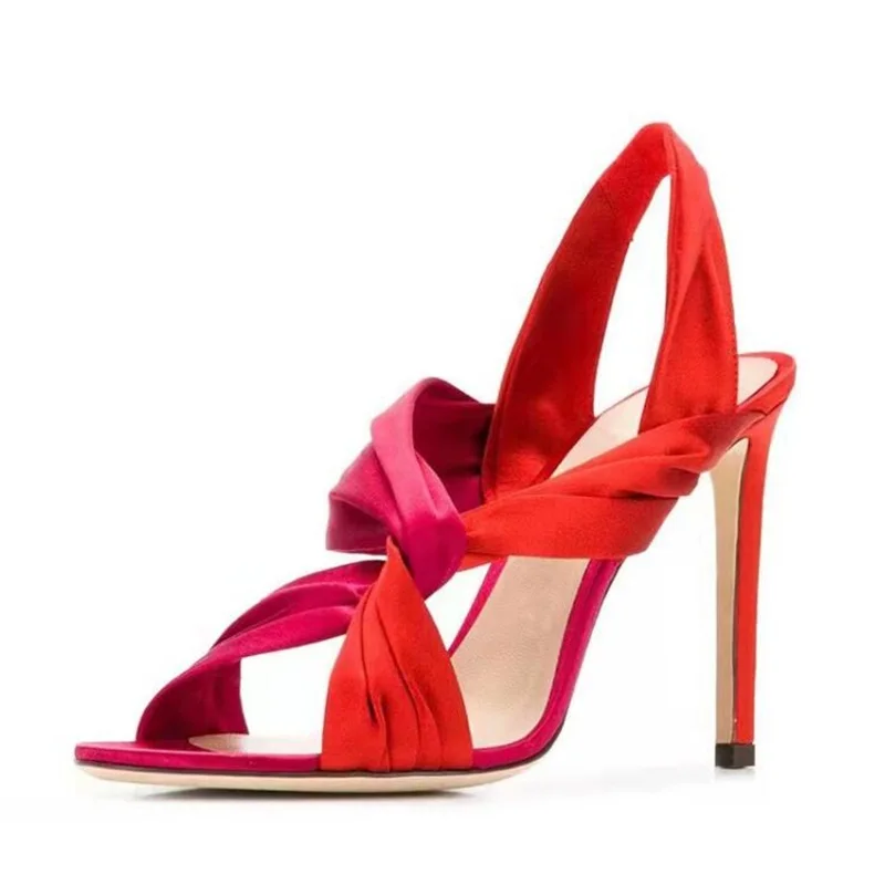 

Stretch Band High Heel Sandals Red Fuchsia Satin Patchwork Shoes Cutouts Thin Heels Slingback Sandals Open Toe Party Dress Shoes