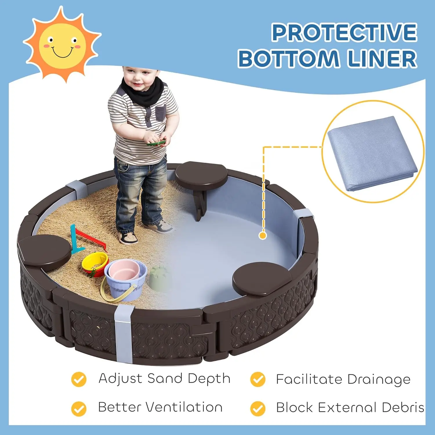 Sandbox per bambini con coperchio, grande fossa di sabbia rotonda da 47 "con 3 posti, fodera inferiore impermeabile, scatola di sabbia per esterni resistente alle intemperie