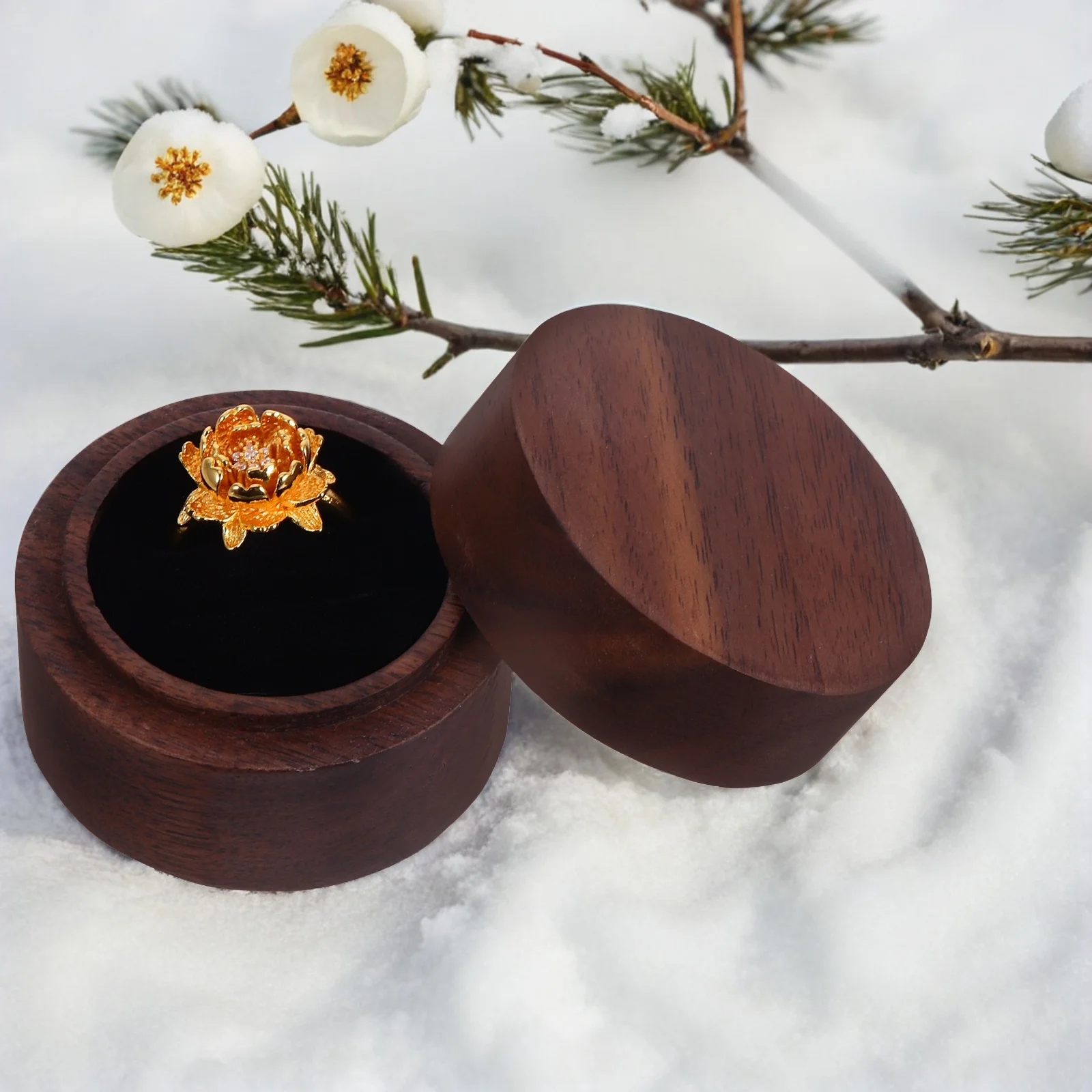 

Круглый деревянный футляр для колец с двойной крышкой, коробка для хранения ювелирных изделий, предложение, свадебные обручальные кольца, деревянный футляр, шкатулка для драгоценностей