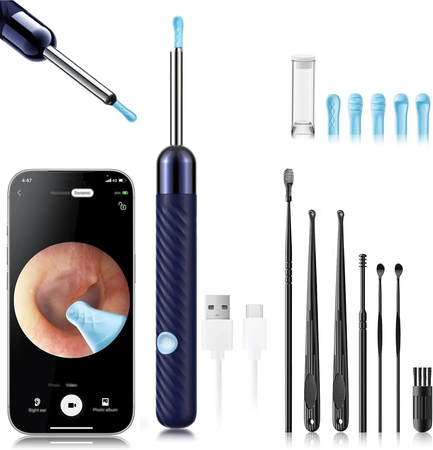 

Ear Wax Removal Tool with 1080P Camera - 7 Pcs Ear Cleaning Kit - FSA HSA Eligible - Ear Camera for iOS & Android (Blue)