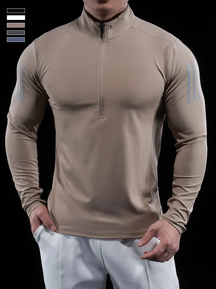 

Men Fitness Training Long-sleeved Half-zipper Stand-up Collar Elastic Night Running Reflective Quick-drying Sports Autumn Winter