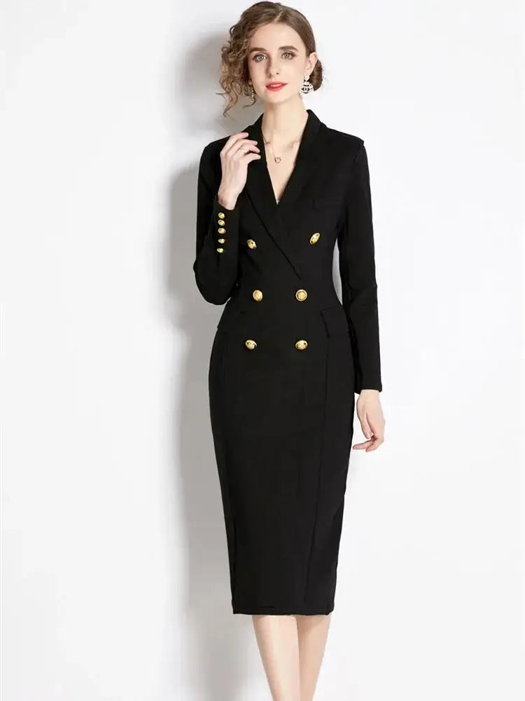 Women's Notched Suit Long Sleeve Golden Double Breasted Dress Autumn Winter Thick Roman Cotton Black Blazer Office Lady Vestidos