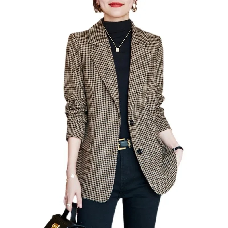 Fashion Houndstooth Suit Jacket Female 2022 Spring And Autumn New Temperament High-End Woolen Coat Brown Blazer With Belt 2063