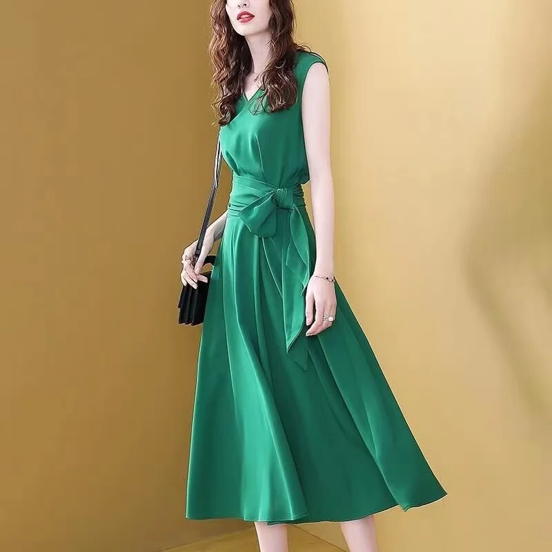 Woman Clothes Green Imitation Silk Dress Summer New French V-neck Sleeveless Bandage Waist Elegant Dress Goddess Fan Maxi Dress