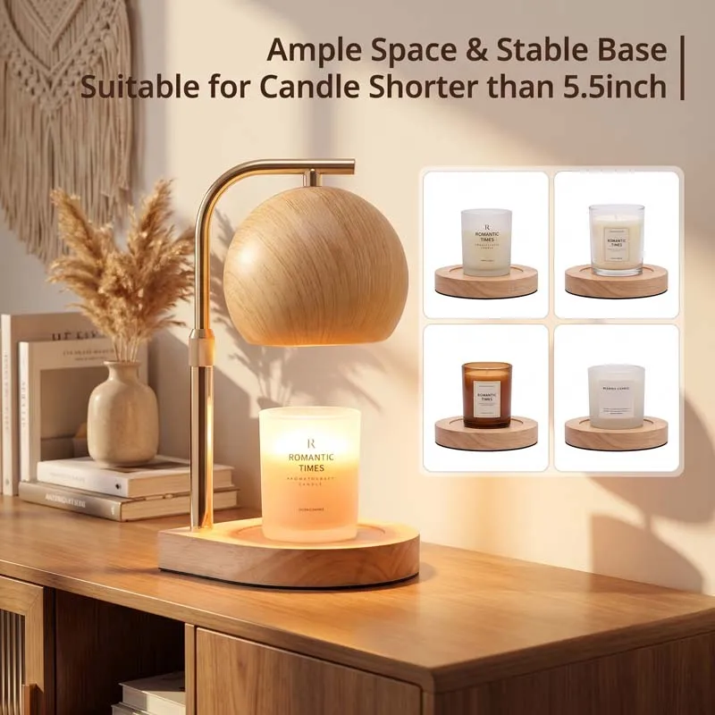 Nordic Minimalist Adjustable Height Flameless Dimmable Wood Grain Iron Shade Candle Warmer Lamp for Bedroom Home Decor
