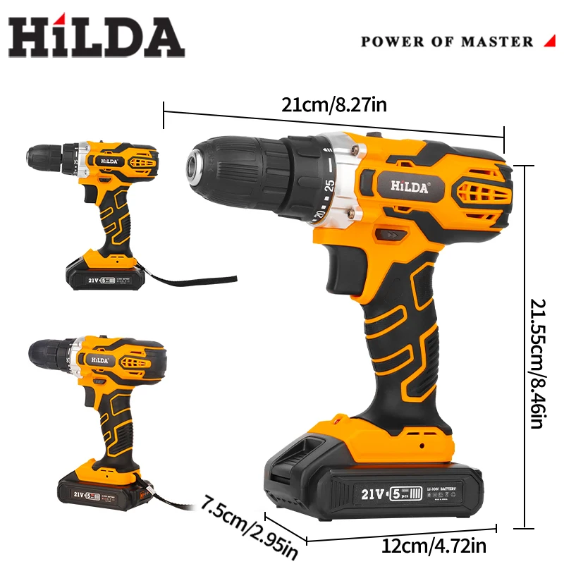 Hilda 21v furadeira sem fio com bateria 25 + 1 torque furadeiras elétricas sem chave 3/8 "destornillador de furadeira sem fio