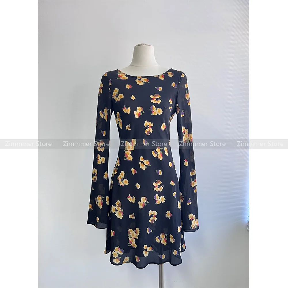 

Silk Diagonal Cut Butterfly Flower Print Dress 2024 Summer Vintage Round Neck Flare Long Sleeve Slim Black Short Dress