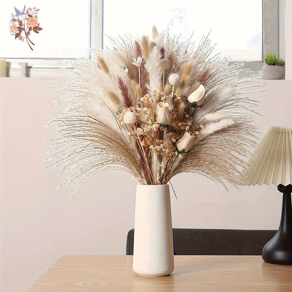 80Pcs Artificial Dried Flowers Bouquet for Interior Home Table Decor Faux Rose Real Touch Babys Breath Pampas Grass Vase Filler view 2