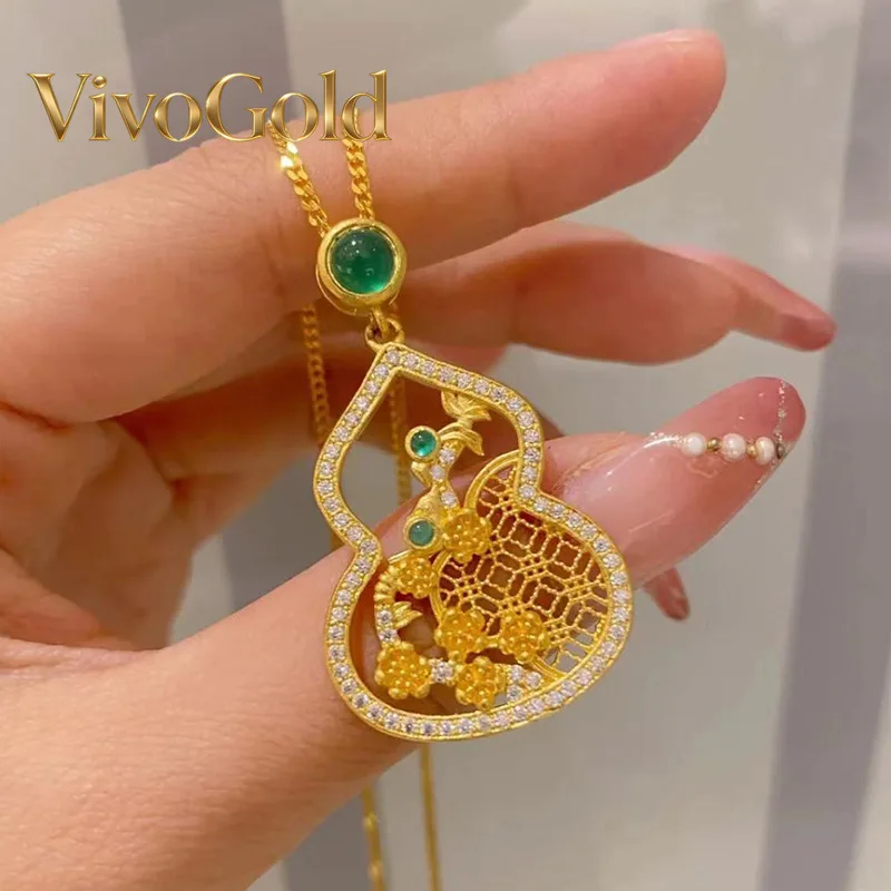 

VivoGoldGold national trend necklace 24K real gold lily of the valley flower gourd pendant Ruyi lock bag 9999 retro style versat