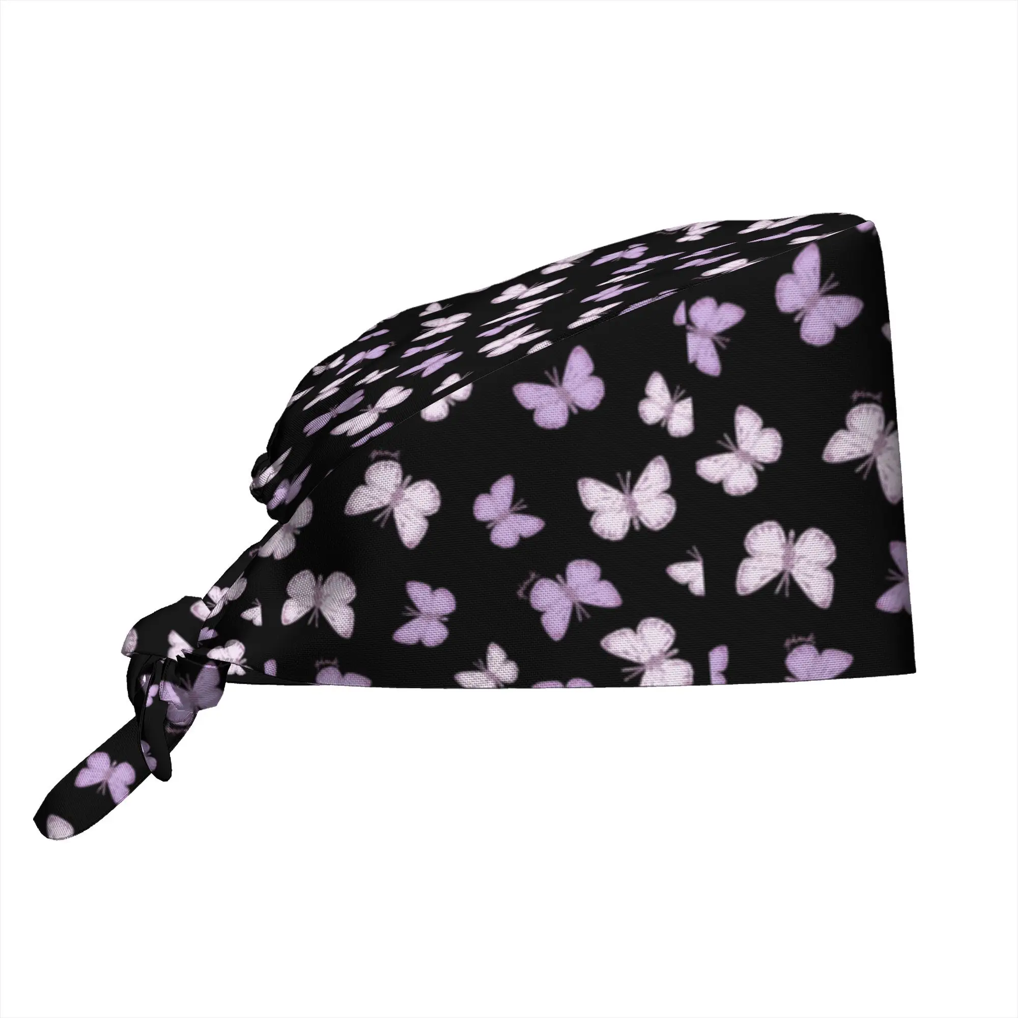 Black Base Purple Butterfly Print Scrub Cap Elegant Insect Pattern Hat Adjustable Tie‑back Medical Work Cap for Nurses
