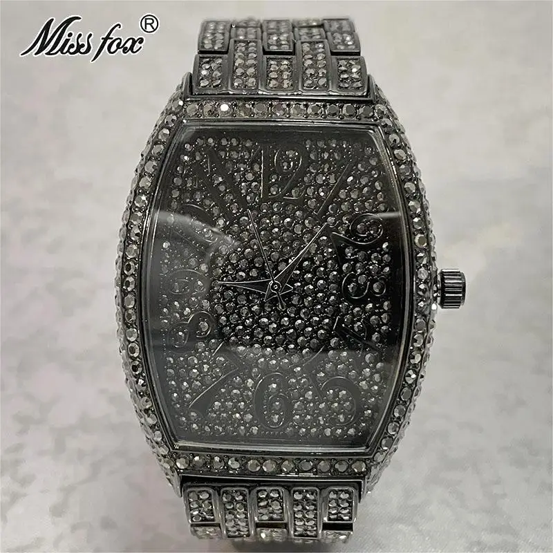 Fashion Cool Black Watches Mens Brand MISSFOX Luxury Tonneau Quartz Clock Hip Hop Iced Diamond Bling Wristwatch Man Dropshipping