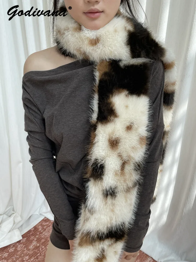 New Winter Fleece-lined Thickened Soft and Waxy Long Cow Pattern Imitation Fur Scarf Girl Female Leopard Print Stuffed Scarves