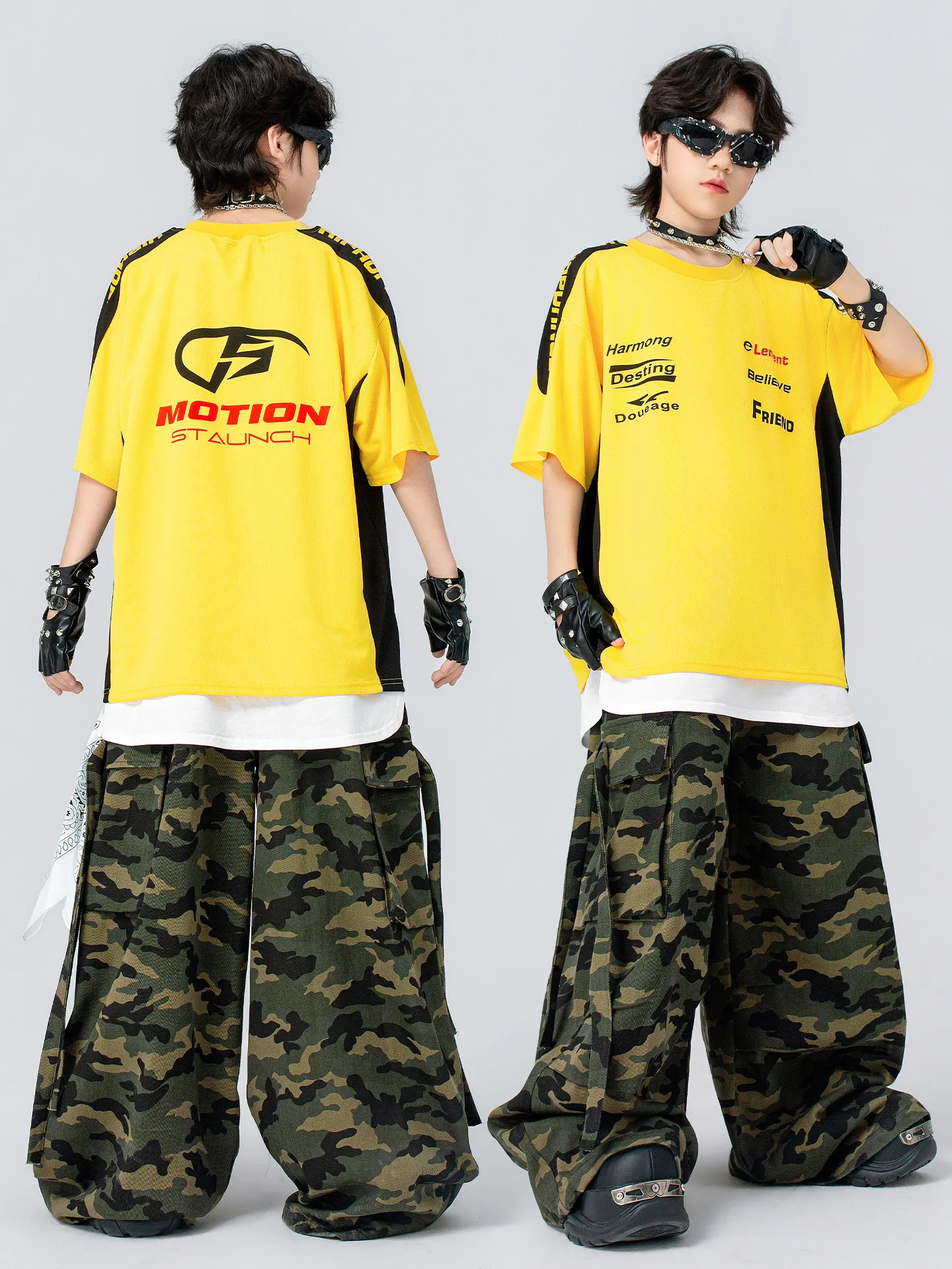 

Детские свободные желтые рубашки для мальчиков, брюки с леопардовым принтом, одежда для уличных танцев для девочек, костюмы для джазовых танцев, сценическая одежда DQS22870