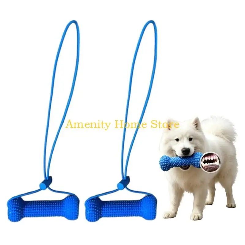 F26C Blue Finish Dog Dental Chew Toy Set, Two Unit Bone Form with Raised Texture, Rubber Body, Cord Accent, and 3.94 x 1.57 In