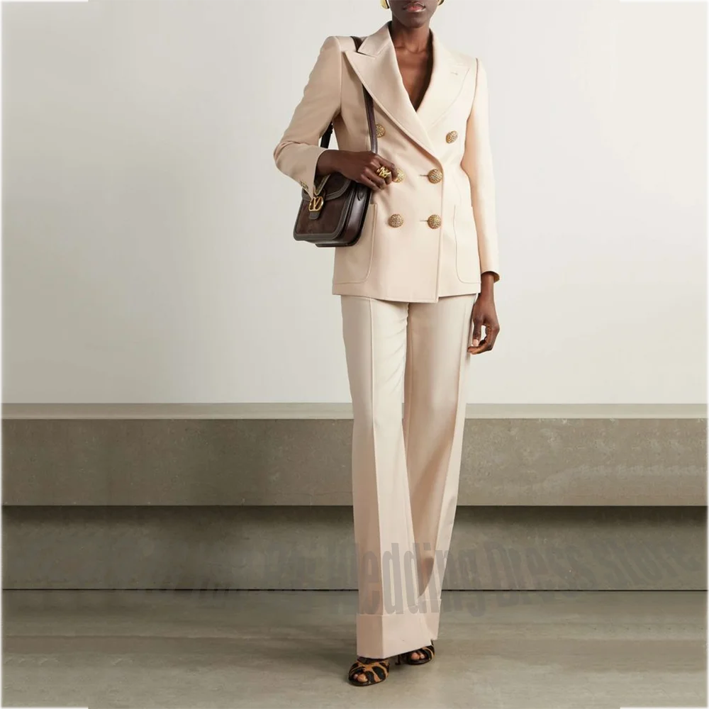 Elegant Women's Suit Two Pieces Straight Double Breasted Office Work Classic Solid Color Formal Outfit Set(Jacket+Pants)