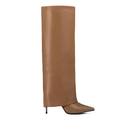 2024European and American Women's Knee High Leather Boots, Pointed Slim High-heeled Skirt Boots, Black Plus Size Long Boots