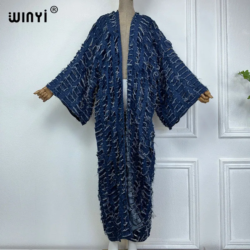 WINYI-abrigo largo vaquero para mujer, prenda de vestir, holgada, ahuecada, de plumón, estilo kimono, para otoño e invierno, novedad de 2023