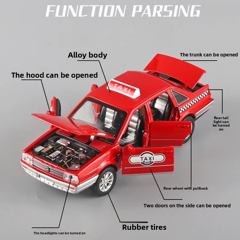 1:32 سبيكة سيارة أجرة نموذج الإضاءة الموسيقى التراجع ستة أبواب تصميم سيارات لعبة للأطفال
