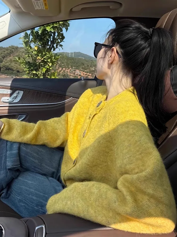 

Yellow Bear Fur Knitted Open Cardigan Sweater Women's Loose Lazy Sle Anti-Aging Autumn Winter Clothes Button round Ne Lon...