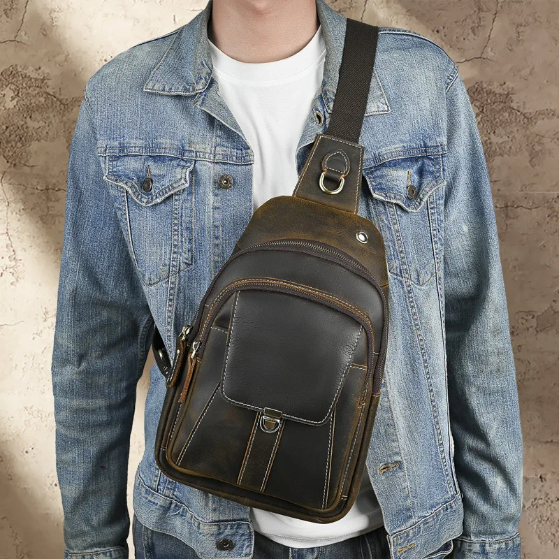 

LD-XB032 Retro Crazy Horse Leather Men's Chest Head Cover Layered Leather Large Capacity Multi Functional Versatile Shoulder Bag