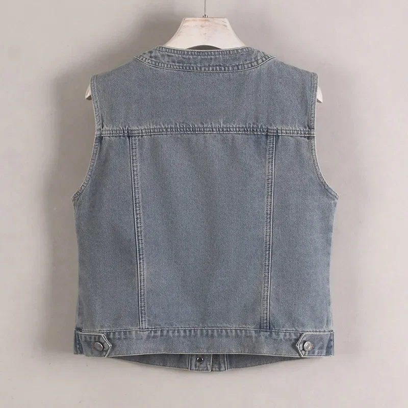

Vintage Washed Light Blue Slim Short Cowboy Vest Women Round Neck Single-Breasted Sleeveless Cowboy Waistcoat Spring Summer New