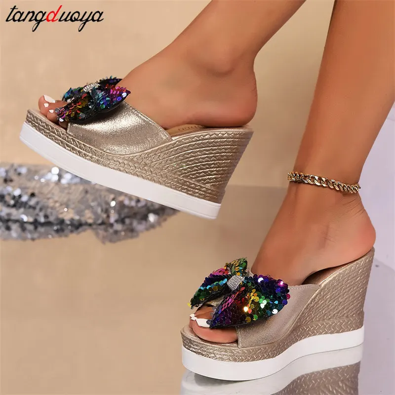 High wedge slippers women 2024 new Shiny Sequin butterfly knot sandals women summer fashion Slope heel open toe  Slippers size 4