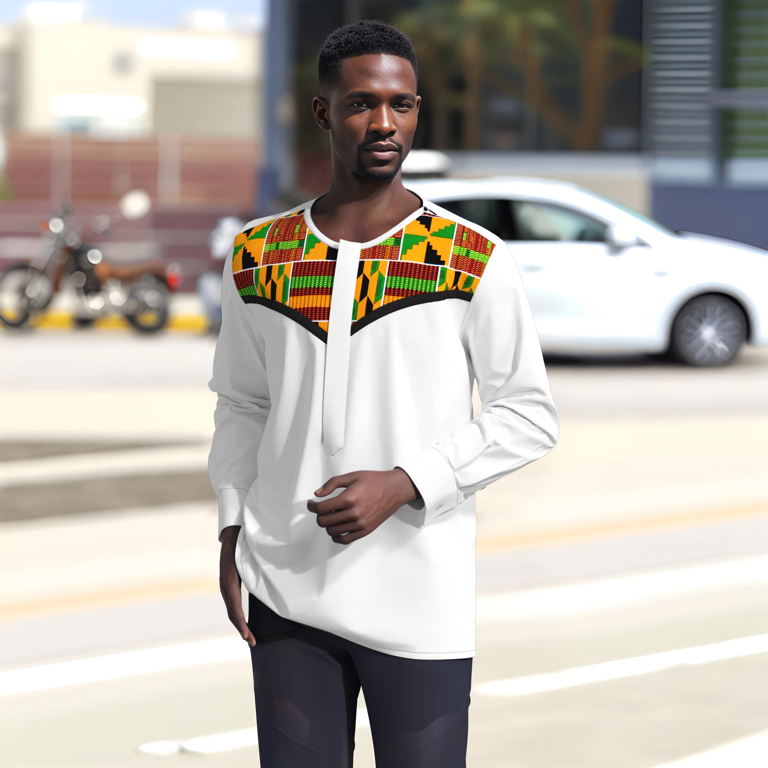 

African Print Men's Long Sleeve Shirt, Trendy Pattern Fashionable Personality Stand Collar Street Casual Top Men's Wear WYN2325