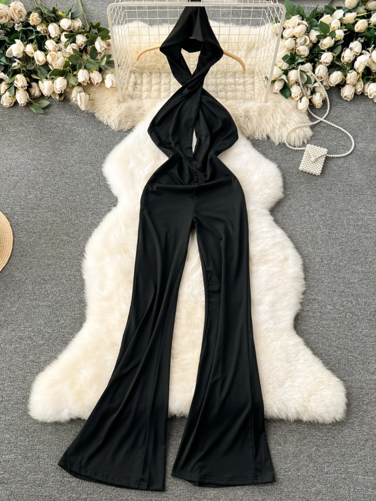 

Foamlina Women Black Hooded Jumpsuits Sexy Criss Cross Cut Out Sleeveless Backless High Waist Full Length Flare Pants Overalls