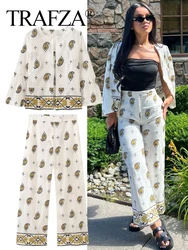 TRAFZA Fashion Women Print Embroidered Shirt Pant Set 2024 Long Sleeve Cardigan Coat Straight Trouser Female High Street Ouitfit