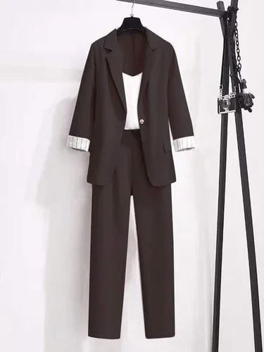 Imagen 2 del producto 2025 primavera nuevo traje de mujer elegante coreano de talla grande chaqueta femenina pantalones de ocio chaqueta de traje de Tweed conjunto de pantalones de chaqueta de tres piezas