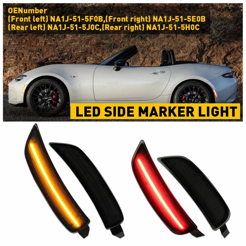 

4 шт. боковой габаритный фонарь для Mazda Miata MX-5 2016-2022 светодиодный фонарь с дымчатыми линзами, передний янтарный/задний красный автомобильный указатель поворота на крыле