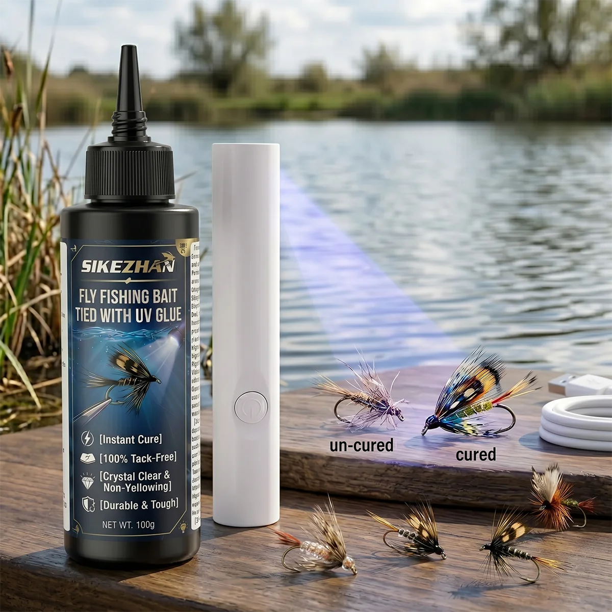 SIKEZHAN Crystal Clear UV Resin Set with Flashlight, Instant Cure Tack-Free Hard Glue for Fly Tying & Fishing Lures