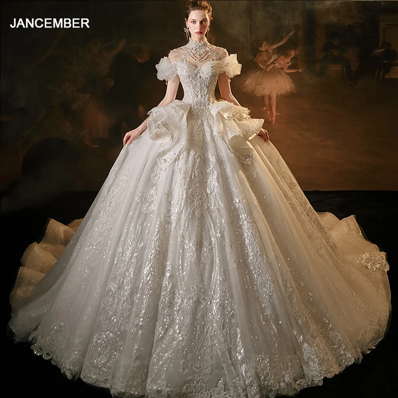 Jancember Exquisite Surprise Price Wedding Dress 2024 Ball Gown O-Neck Cap sleeve Pearls Beading Sequins Robe De Mariée LSMX028