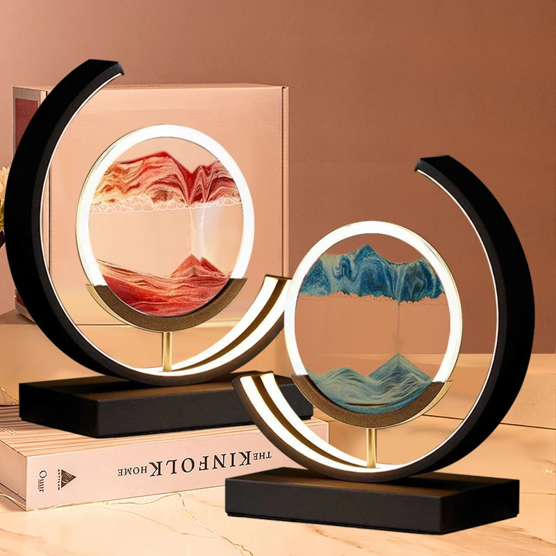 3D Hourglass LED Lamp Quicksand Painting Art Bedside Table Lamp Painting Night Light Home Sand Scene Dynamic Round Glass Decor