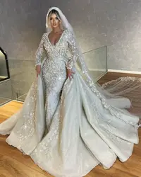 Exquisite White Wedding Dress Pearls Appliques Bridal Gowns Custom Made V Neck Long Sleeve Detachable Train Vestido de novia