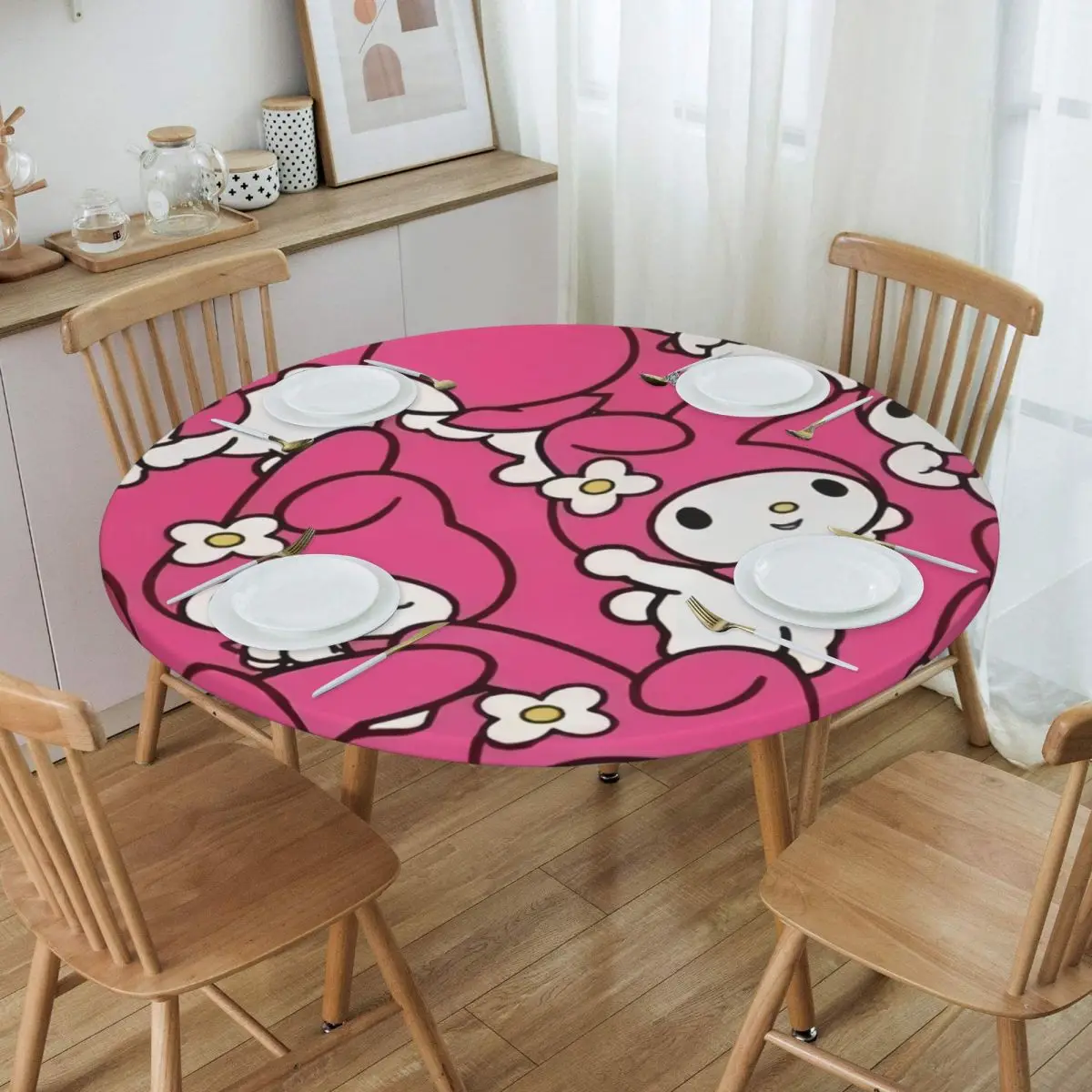 Customized Round Oilproof Cartoon My Melody Sanrio Japan Anime Table Cover Elastic Table Cloth Backed Edge Tablecloth for Dining