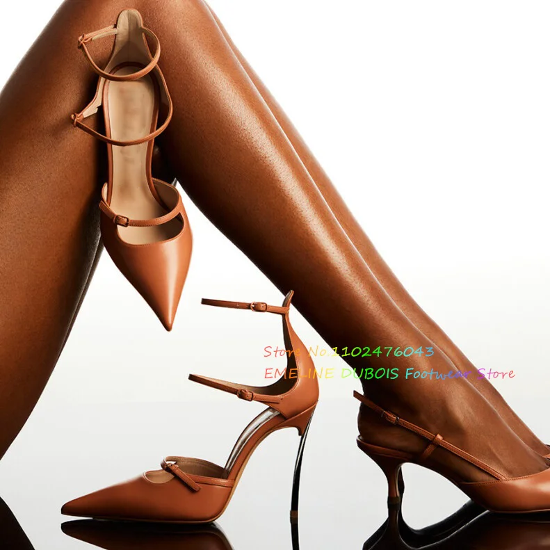 Metal Stiletto Heel Pointed Toe Pumps Women Nude Leather Strapy Buckle High Heel Party Dress Shoes Ankel Strap Banquet Sandals