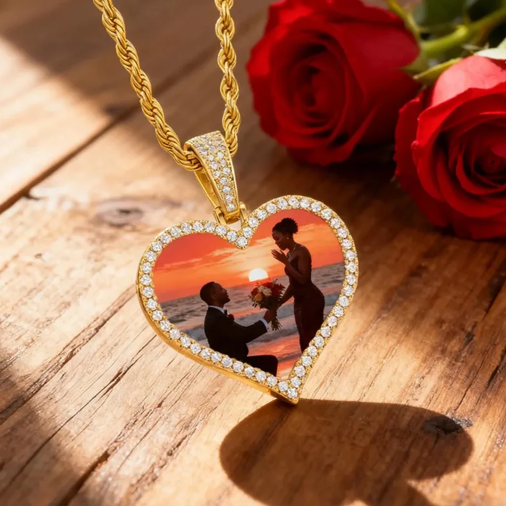 

Personalized Heart Photo Necklace with Zircon Custom Picture Pendant Couple Family Photos for Women Romantic Jewelry Gifts