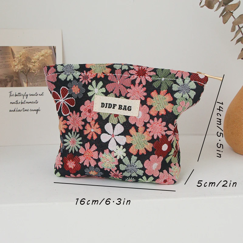 DJDF Red Floral Women\'s Small Makeup Bag Canvas Zipper Portable Sanitary Napkin Storage Bag Simple and Cute Portable Coin Purse