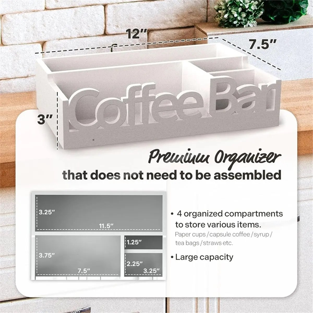 Utility Design Wooden Storage Box, Desktop Coffee Storage, Partitioned Paper Cup Holder, Tea Bag, Coffee Capsule Storage Box