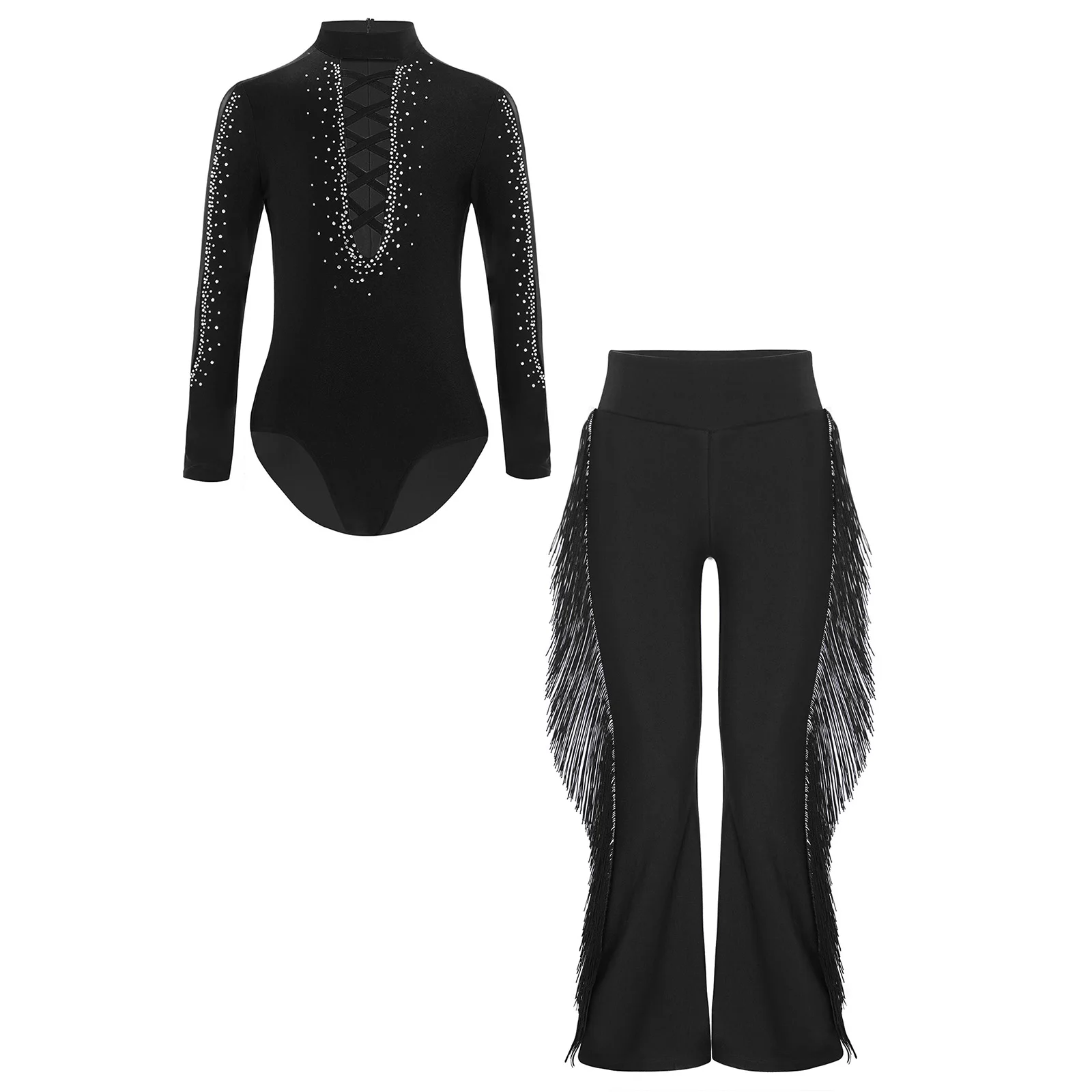 

Kids Boys Latin Dance Costume Long Sleeve Glittery Rhinestones Mesh Patchwork Leotard+Tassels Bell-Bottom Pants Gymnastics 2Pcs