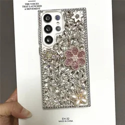 Bling Roze Parel Bloem Zilver Diamant Glitter Case Voor Samsung Galaxy A33 A53 A73 A74 A74 A22 A23 A54 A14 A25 A55 5G Luxe Cover