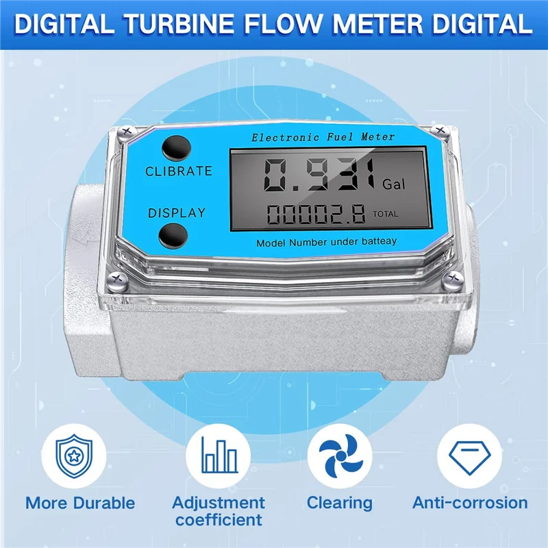 N84R Digital Turbine Water Flow Meter Digital LCD Display with NPT Counter and FNPT Thread Gas Oil Fuel Flowmeter (1 Inch)