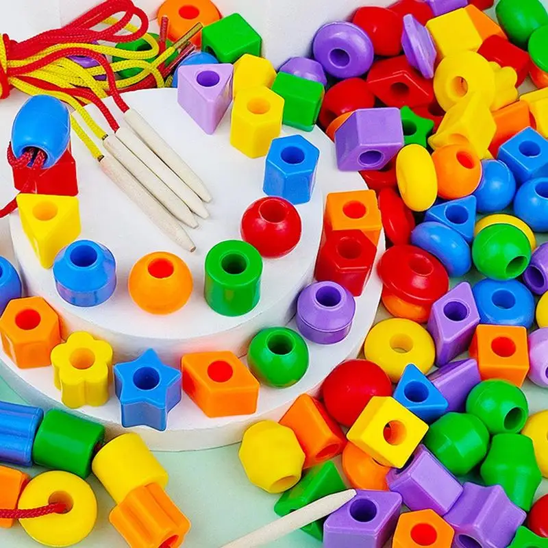 60pcs Stringing Beads Creative Children Kid Fine Motor Skill Handwork Geometric Threading Puzzle Cognition Toys Birthday Gifts