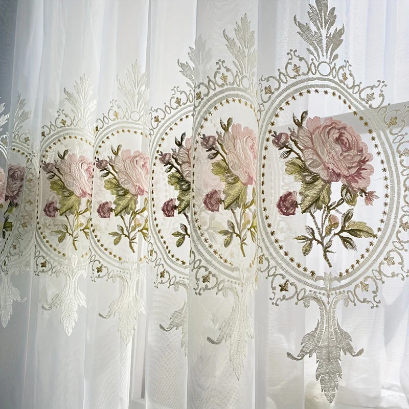 European Elegant Peony Exquisite Embroidery Tulle Curtain White Transparent Window Screen Rod Pocket For Living Room Bedroom