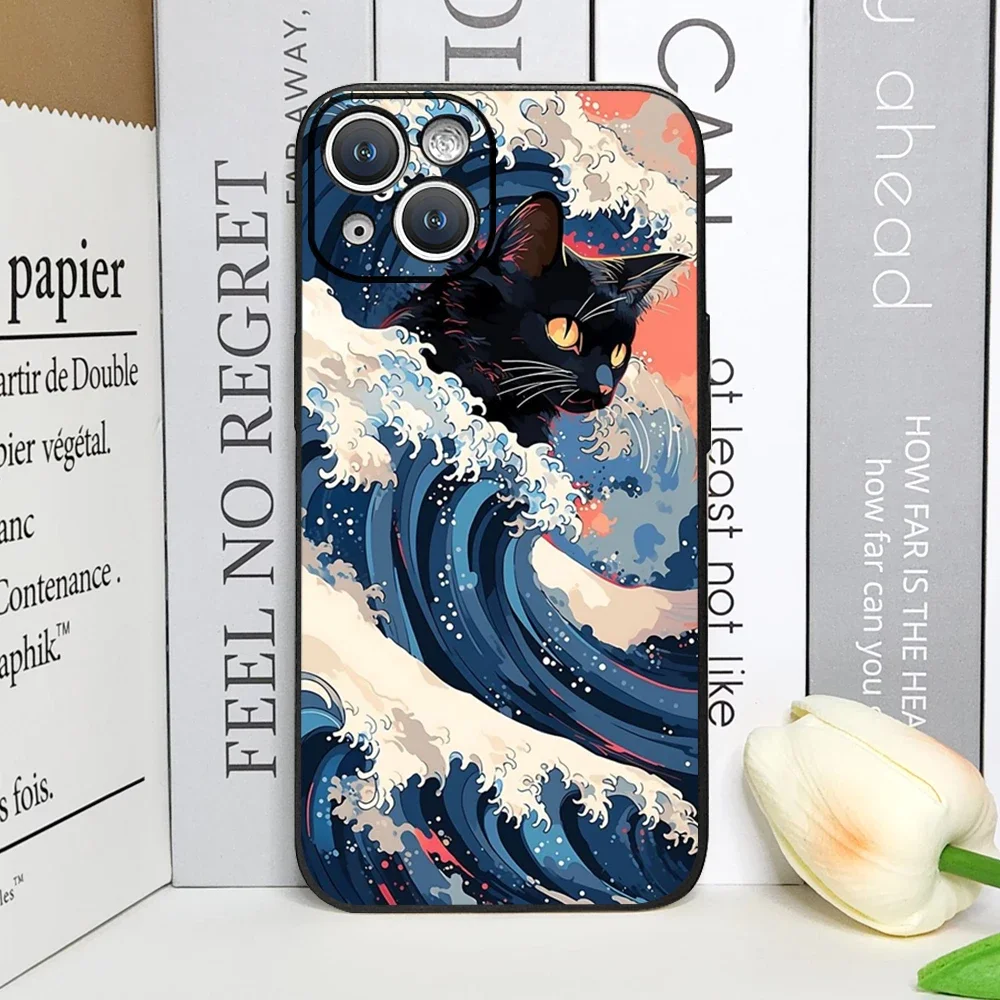 Japan The Great Wave of Kanagawa Cat Phone Case for IPhone 12 Mini 11 13 14 15 16 Pro X XS Max 7 8Plus SE2 Soft Cover Art Fundas