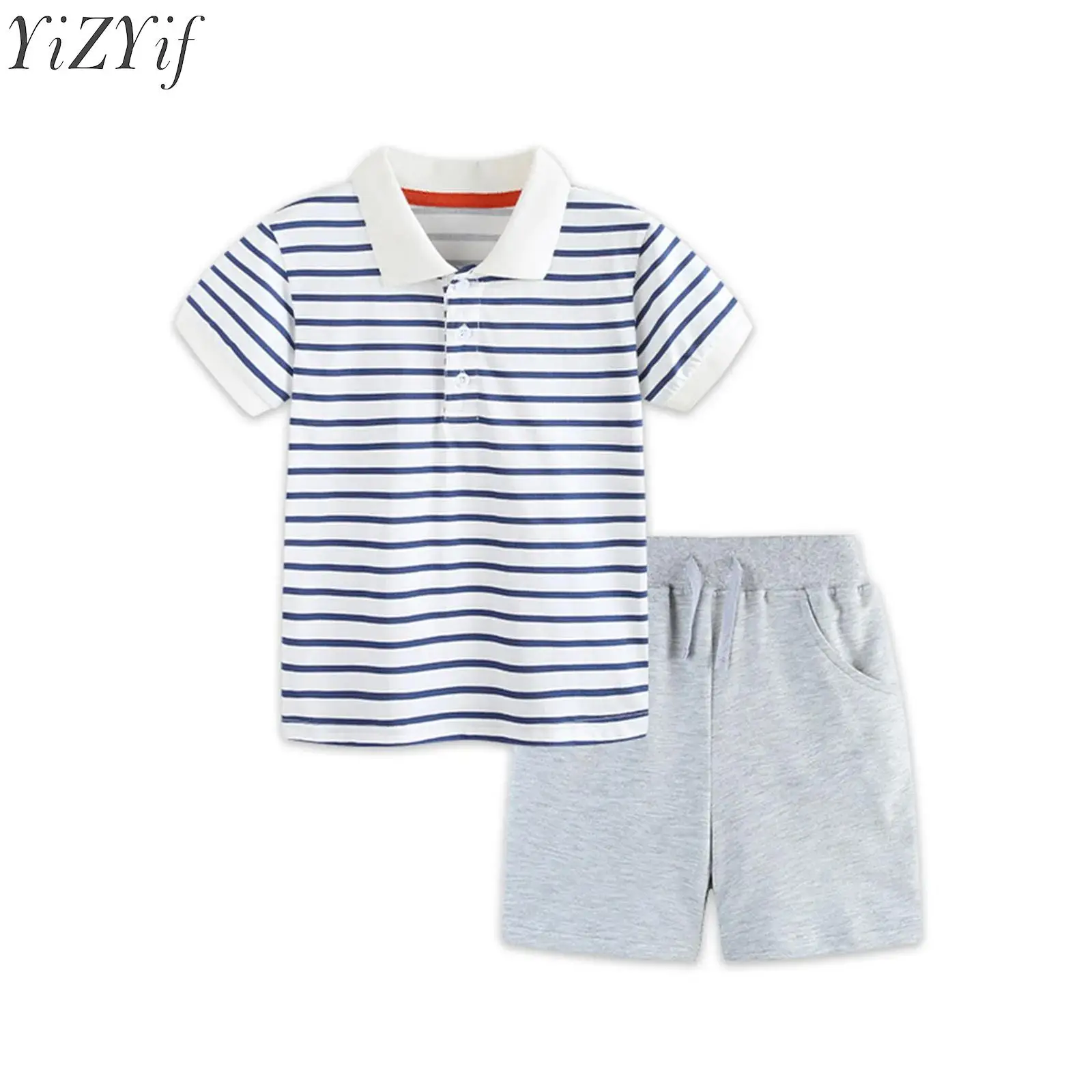 キッズ-ボーイズ-tシャツ＆ショートパンツ-サマーアウトフィット-襟付き半袖ストライプtシャツトップス＆ポケット付きショートパンツセット-学校や普段着に