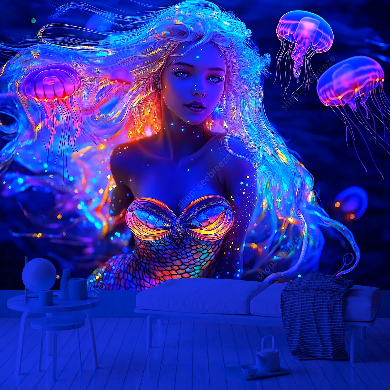 Mermaid and Jellyfish UV Reactive Tapestry Ocean Fantasy Wall Art for Bedroom Living Room Decor Underwater Themed Design