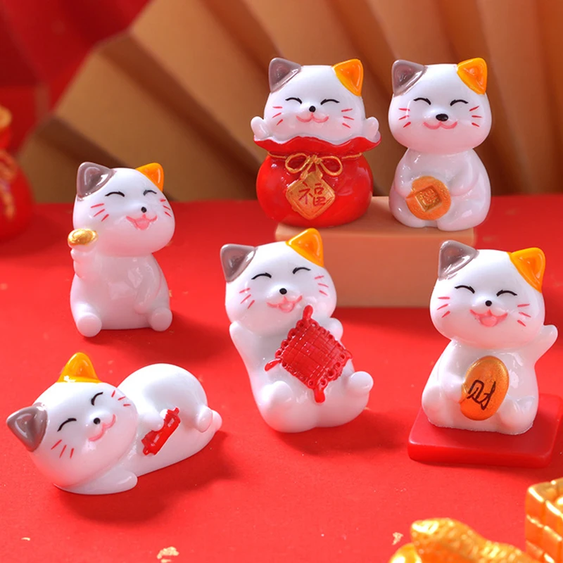 6pcs/set Cute Lucky Cat Statue Chinese Wealth Waving Cat For Home Living Room Decorations Micro Landscape Crafts Ornaments