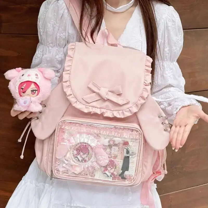 Bowkont Ruffled 일본 Y2k 배낭 투명 포켓 로리타 소녀 가방 대용량 Preppy 스타일 Itabag 토끼 귀 통증 가방